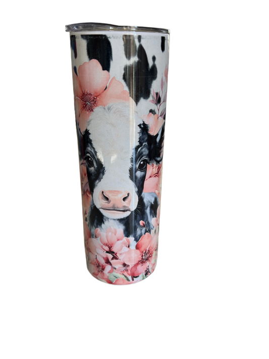 Custom Sublimated 20 oz Tumbler - Baby Cow & Floral Design